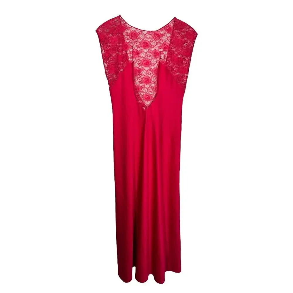 Vintage Linda Lingerie Nightgown Red Silky Nylon Lace Small Slip Dress Long - Picture 1 of 5